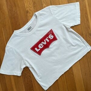 Upcycled Levi’s Premium Red Embroidered Felted Logo Crop Top T-Shirt Top